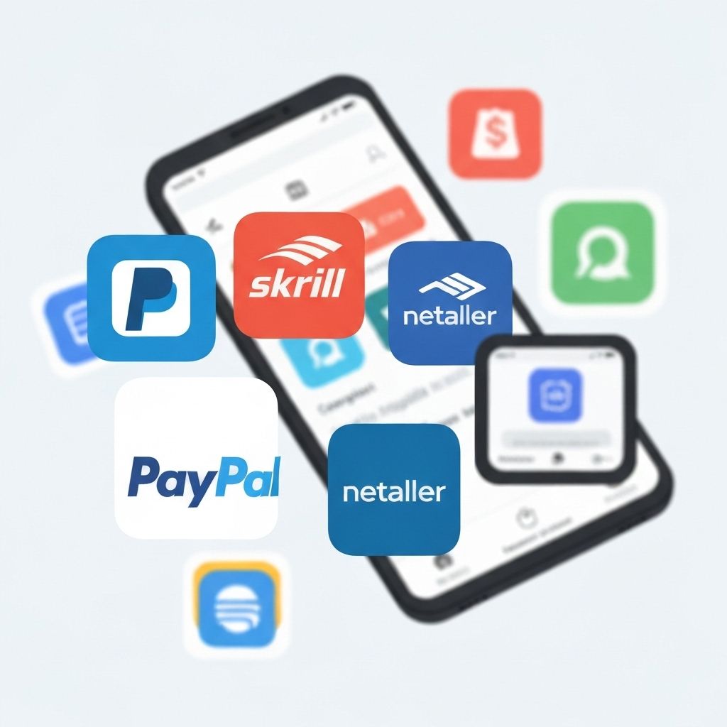 Digital wallet apps including PayPal, Skrill, and Neteller on mobile devices