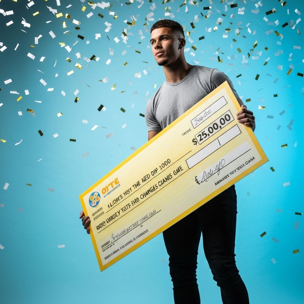 Lottery winner celebrating with oversized check and confetti